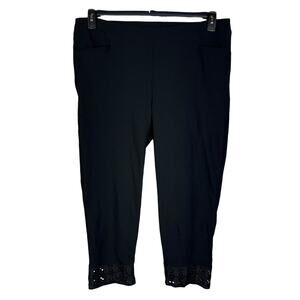 Chico’s Petite SZ 3P (16P) Ankle Pants Pull-On Crochet Hems Pocket Stretch Black